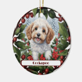 Vrolijke Gouden Cockapoo Puppy Aangepaste Kerstmis Keramisch Ornament (Links)