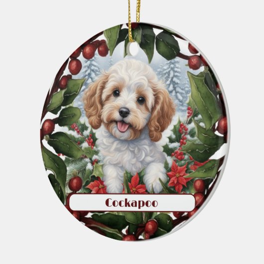 Vrolijke Gouden Cockapoo Puppy Aangepaste Kerstmis Keramisch Ornament (Links)