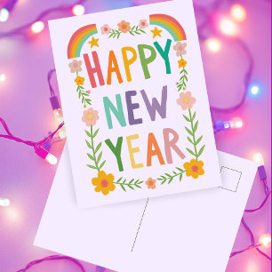 Vrolijke grillige HAPPY NEW YEAR Handlettering Briefkaart
