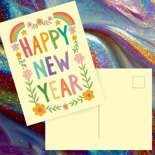 Vrolijke grillige HAPPY NEW YEAR Handlettering Briefkaart