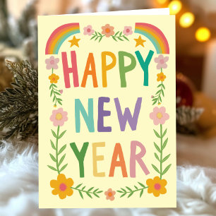 Vrolijke grillige HAPPY NEW YEAR Handlettering Kaart