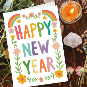 Vrolijke grillige HAPPY NEW YEAR Handlettering Kaart