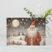 Vrolijke grillige kerstman in een besneeuwd dorp feestdagenkaart (Staand voorkant)