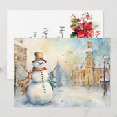 Vrolijke grillige sneeuwman in een besneeuwd dorp feestdagenkaart (Voorkant / Achterkant)