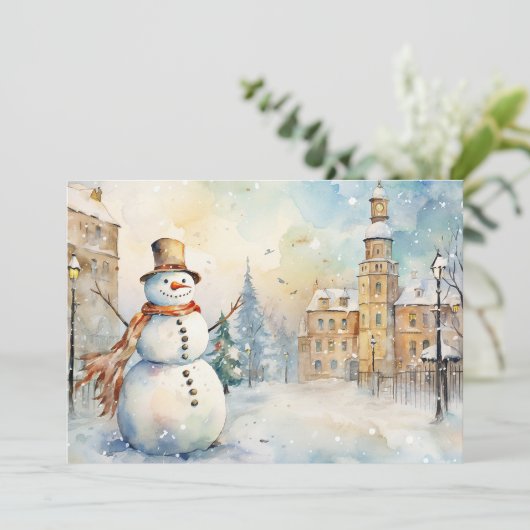 Vrolijke grillige sneeuwman in een besneeuwd dorp feestdagenkaart (Staand voorkant)