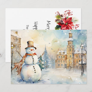 Vrolijke grillige sneeuwman in een besneeuwd dorp feestdagenkaart