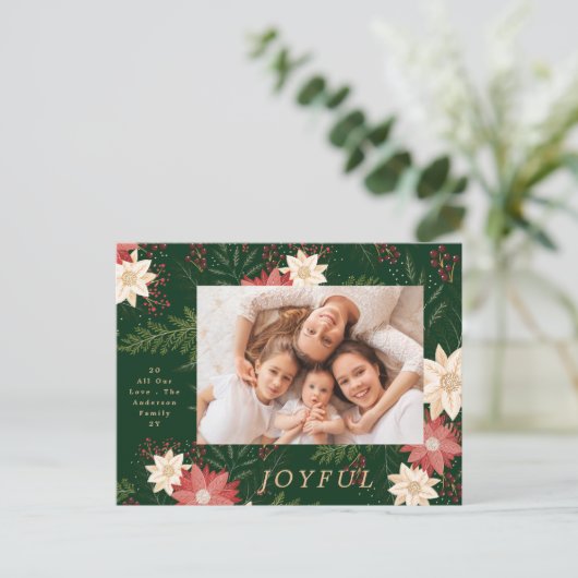 Vrolijke groene elegante kerstpunsettia feestdagenkaart (Staand voorkant)