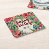 Vrolijke groene krans & rode poinsettia vakantie kartonnen onderzetters (Schuin)