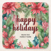 Vrolijke groene krans & rode poinsettia vakantie kartonnen onderzetters (Voorkant)