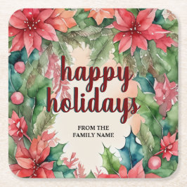 Vrolijke groene krans & rode poinsettia vakantie kartonnen onderzetters