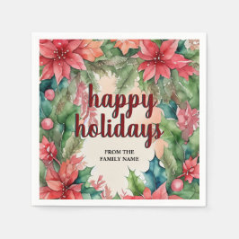 Vrolijke groene krans & rode poinsettia vakantie servet