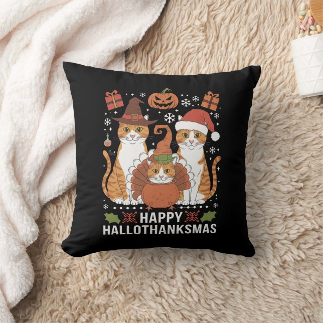 Vrolijke Hallothanksmas Katten Halloween Kerstmis  Kussen (Deken)