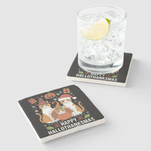 Vrolijke Hallothanksmas Katten Halloween Kerstmis Stenen Onderzetter