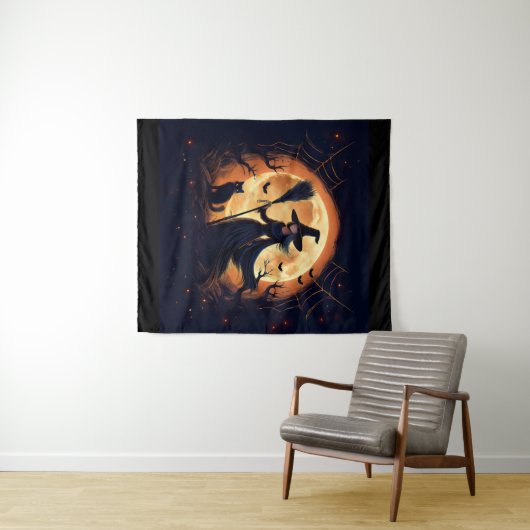 Vrolijke Halloween heks om middernacht Wandkleed (In Situ (horizontaal))