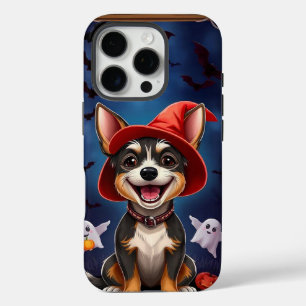Vrolijke hond met een rode heksenhut, iPhone 16 pro hoesje