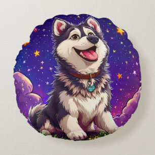 Vrolijke Husky Tegen Sterrenhemel Rond Kussen