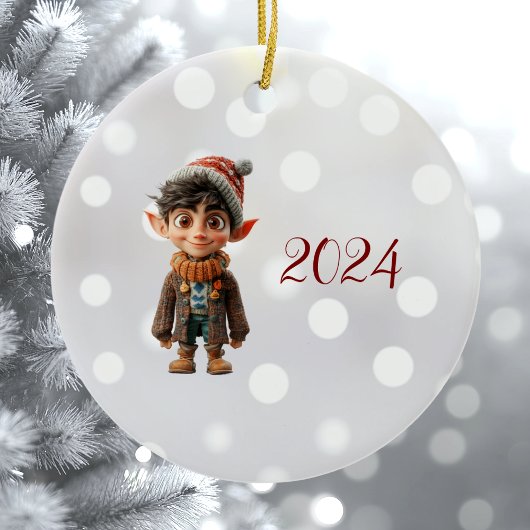 Vrolijke Jongen Kerst Elf Keramisch Ornament