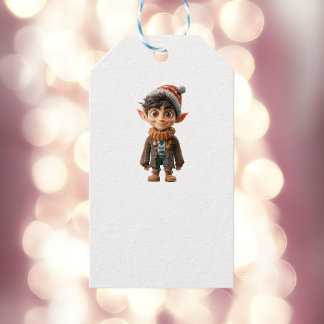 Vrolijke Jongen Kerst Elf Witte Gift Labels Cadeaulabel