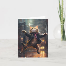 Vrolijke kat dansen in de regen notitiekaartje