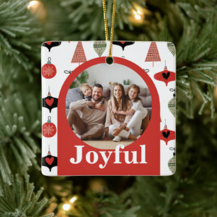 Vrolijke Kerst 4 Familie Fotocollage Rode Boog Keramisch Ornament