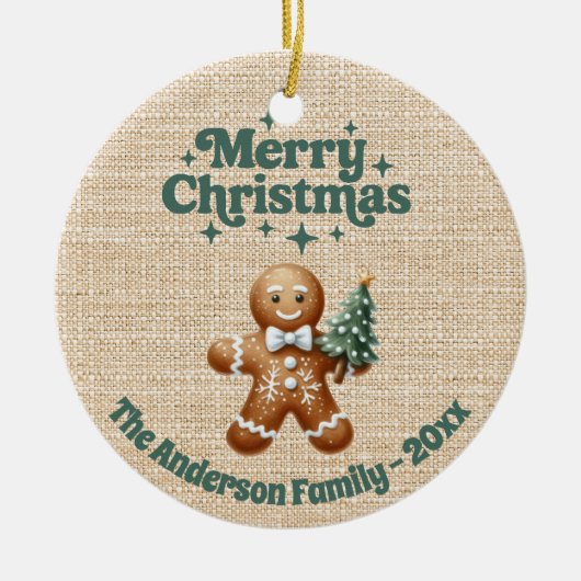 Vrolijke Kerst Beige Burlap Gingerbread Man Keramisch Ornament (Voorkant)