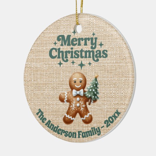 Vrolijke Kerst Beige Burlap Gingerbread Man Keramisch Ornament (Links)