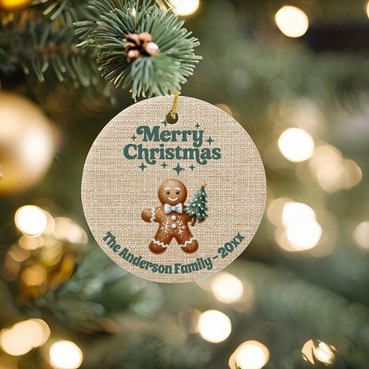 Vrolijke Kerst Beige Burlap Gingerbread Man Keramisch Ornament