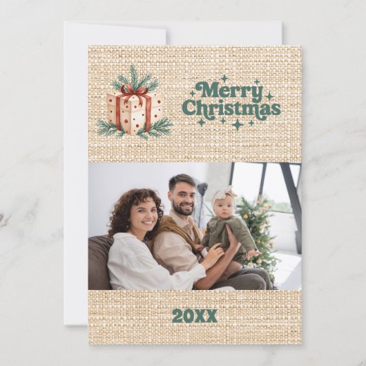 Vrolijke kerst beige jute retro fotokaart feestdagenkaart (Voorkant)