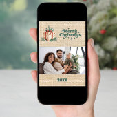 Vrolijke kerst beige jute retro fotokaart feestdagenkaart