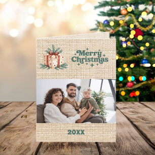Vrolijke kerst beige jute retro fotokaart feestdagenkaart