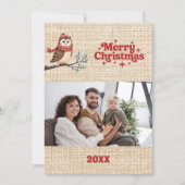 Vrolijke kerst beige jute retro uil foto kaart (Voorkant)