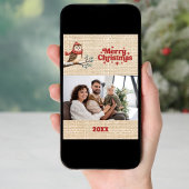 Vrolijke kerst beige jute retro uil foto kaart