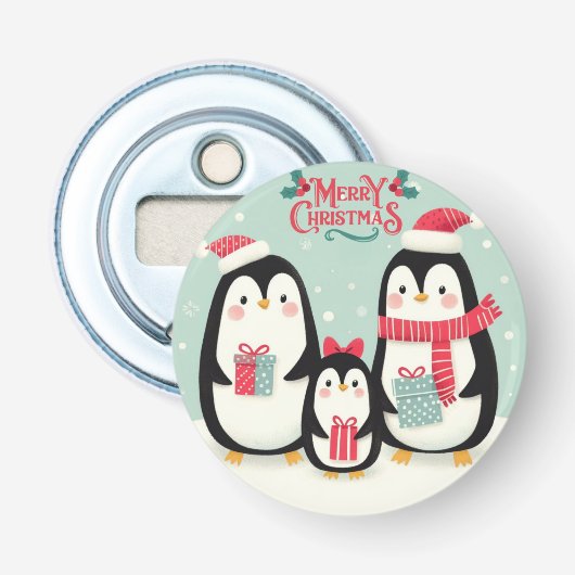 Vrolijke kerst besneeuwde pinguïns button flesopener (Voorkant)