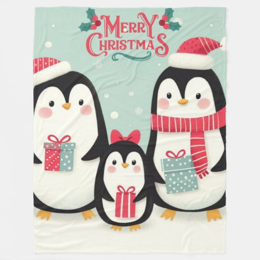 Vrolijke kerst besneeuwde pinguïns fleece deken (Voorkant)