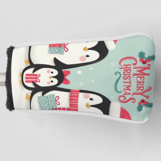 Vrolijke kerst besneeuwde pinguïns golfheadcover (Voorkant)
