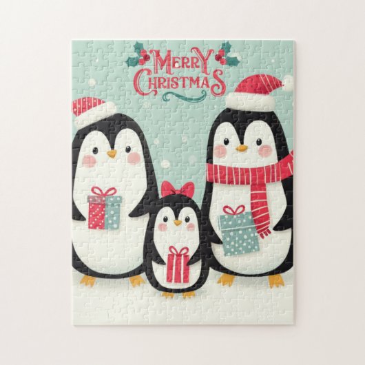 Vrolijke kerst besneeuwde pinguïns legpuzzel (Verticaal)