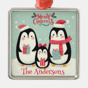 Vrolijke kerst besneeuwde pinguïns metalen ornament