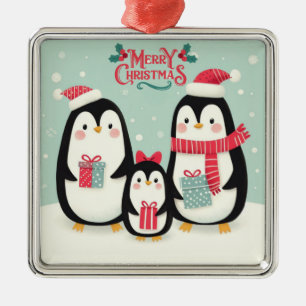 Vrolijke kerst besneeuwde pinguïns metalen ornament