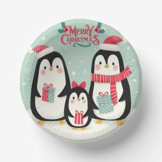 Vrolijke kerst besneeuwde pinguïns papieren kommen (Voorkant)