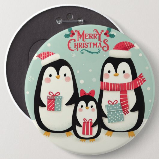 Vrolijke kerst besneeuwde pinguïns ronde button 6,0 cm (Voorkant /achterkant)