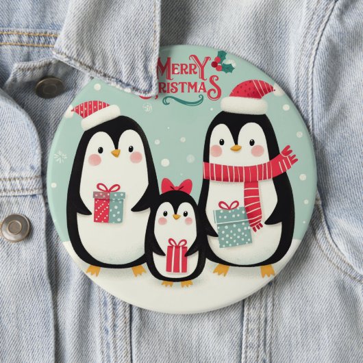 Vrolijke kerst besneeuwde pinguïns ronde button 6,0 cm (In situ)