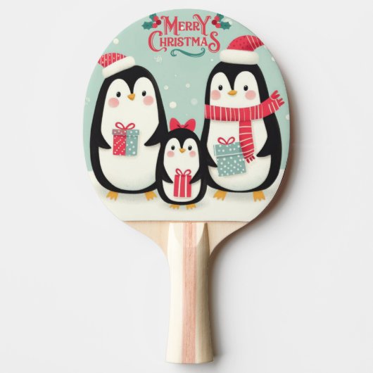 Vrolijke kerst besneeuwde pinguïns tafeltennisbatje (Voorkant)