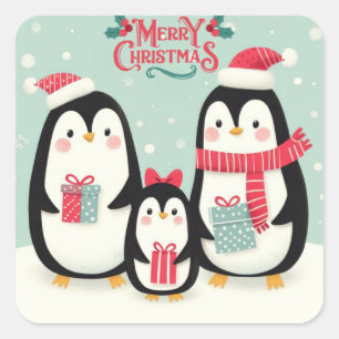 Vrolijke kerst besneeuwde pinguïns vierkante sticker