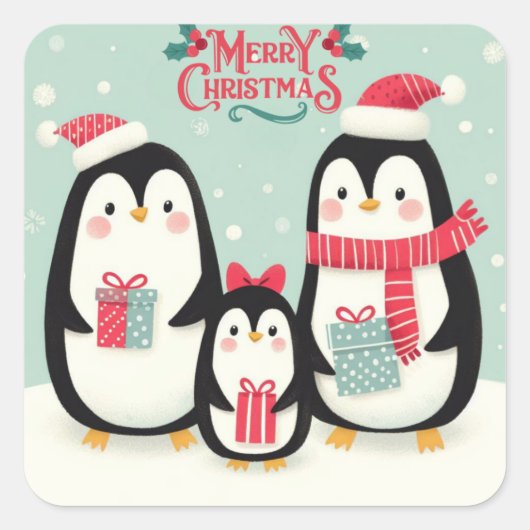 Vrolijke kerst besneeuwde pinguïns vierkante sticker (Voorkant)
