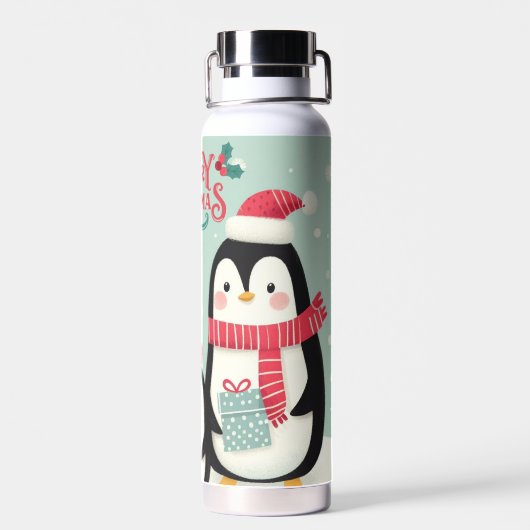 Vrolijke kerst besneeuwde pinguïns waterfles (Achterkant)