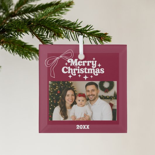 Vrolijke kerst bordeauxfoto boog met de hand getek glas ornament