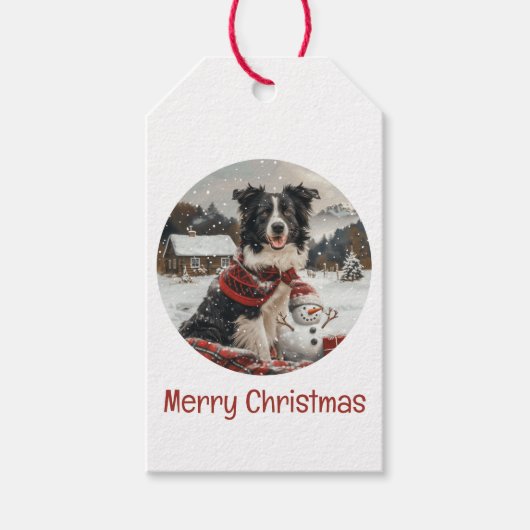 Vrolijke Kerst Border Collie Dog Snowman Cadeaulabel (Voorkant)