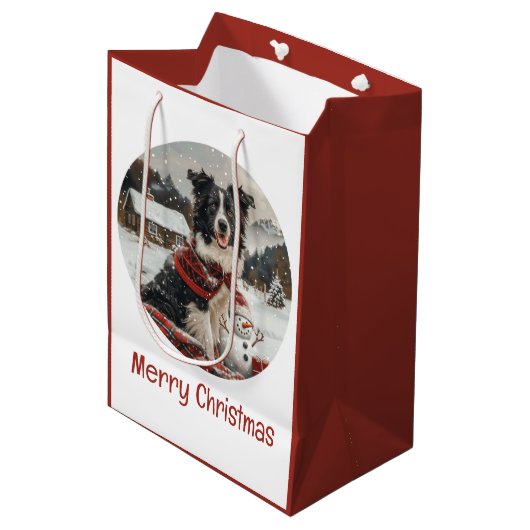 Vrolijke Kerst Border Collie Dog Snowman Medium Cadeauzakje (Voorkant Gekanteld)