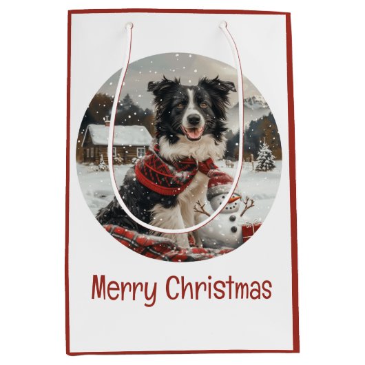 Vrolijke Kerst Border Collie Dog Snowman Medium Cadeauzakje (Voorkant)