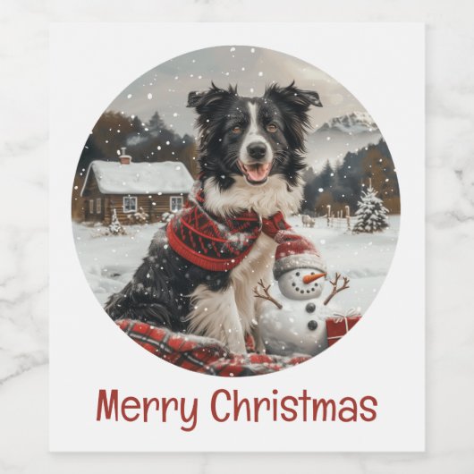 Vrolijke Kerst Border Collie Dog Snowman Wijn Etiket (Enkel label)